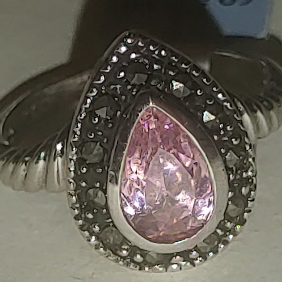 New Old Stock NWT EDCO Ring Band sz 5 Rhodium Marcasite & Pear Cut Topaz - Picture 13 of 16